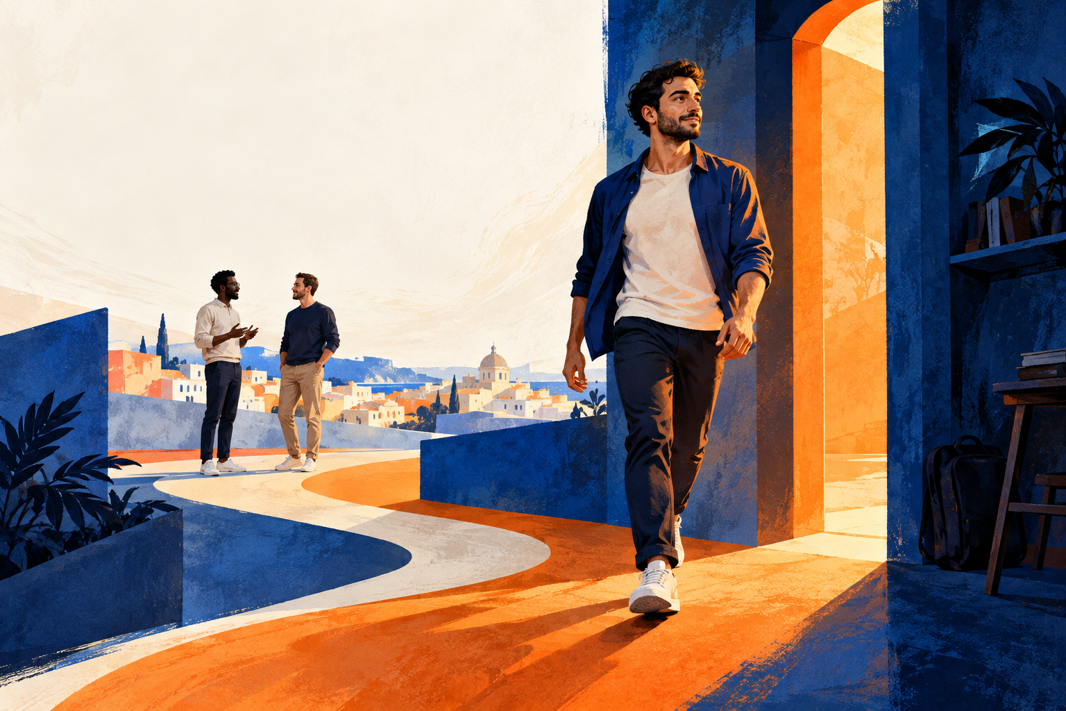 Un homme avançant vers une ouverture lumineuse, illustration en bleu et orange