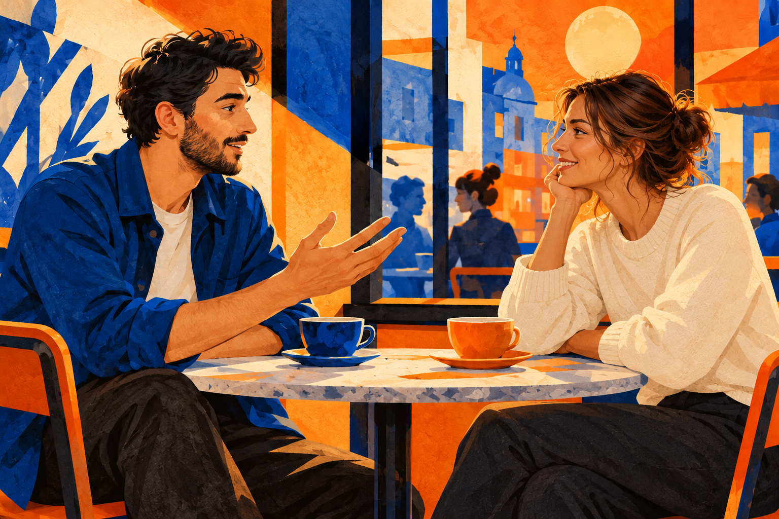 Une femme et un homme échangeant calmement au café