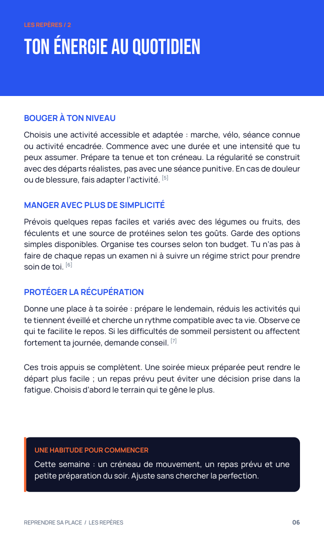 Page du guide consacrée au mouvement, aux repas et au sommeil